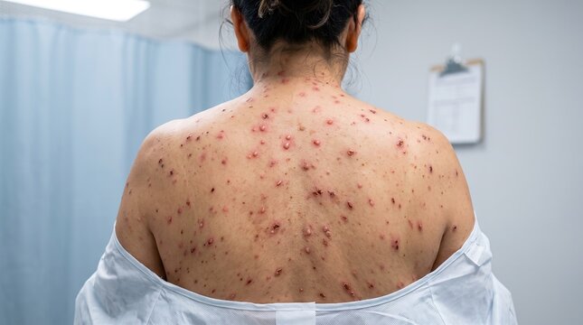 Back of a patient covered with widespread scabs and red sores from chickenpox or monkeypox viral infection