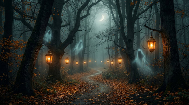 Mysterious cave with hanging lanterns and glowing orbs