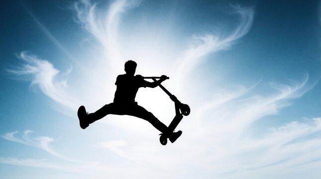 Silhouette of young male athlete performing extreme scooter stunt in mid air. Man jumps high against bright blue sky with white clouds. Freestyle rider shows agility, skill during action trick.