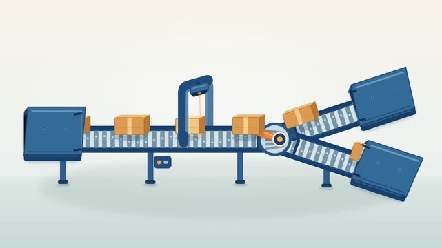 Automated Parcel Sorting Conveyor with Moving Cardboard Boxes
