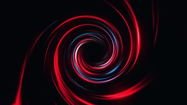 Swirling vortex of vibrant light trails in blue, purple and pink color on a dark background. Concept of big data, block chain and digital technology. Template with free copy space for text.