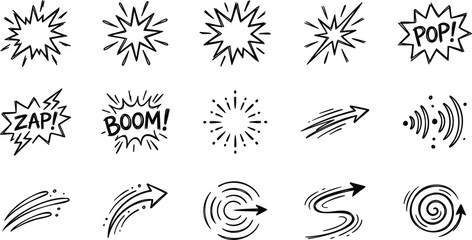 Comic book explosion speech bubbles vector, hand drawn retro comic sound effects set with zap boom pop, 15 black line art action elements © Sonia Sangma