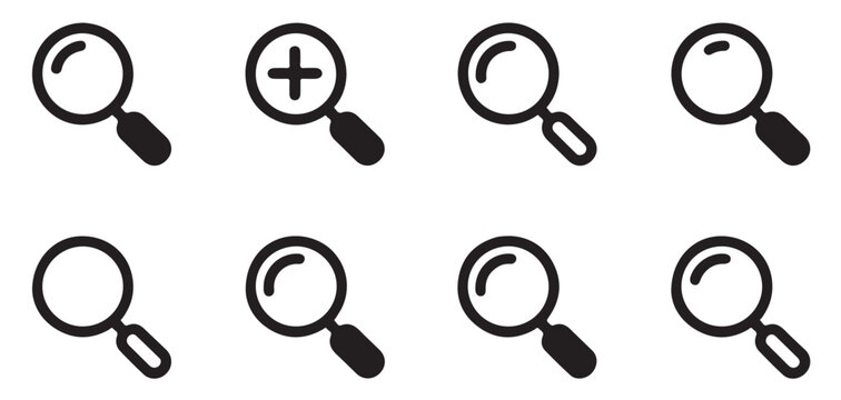 Collection of black zoom and magnifying glass icons with plus sign or empty lenses for website search design.