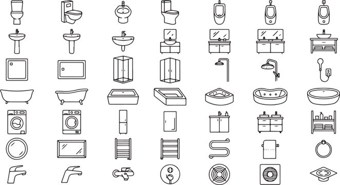 Set of Bathroom Fixtures and Sanitary Equipment Icons in Minimalist Linear Style