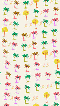 Colorful stylized palm trees and flowers seamless pattern