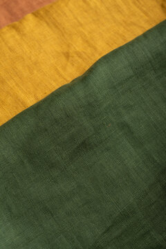 Folded Terracotta Mustard Yellow and Olive Green Linen Fabric Macro Texture