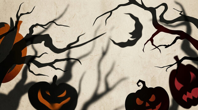 Spooky carved pumpkins with tree branches shadow art