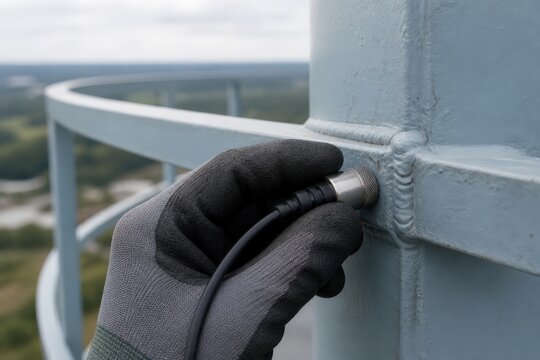 Water Tower Inspection - Hands Testing Elevated Tank Railing Weld Joint