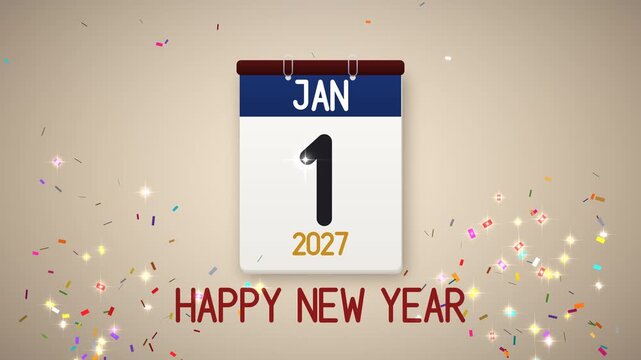 Desk calendar page flips from December 31 2026 to January 1 2027 with confetti and red Happy New Year text on a beige background