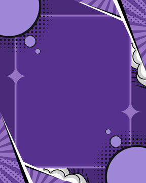 Bold purple abstract background with comic-style halftone patterns, geometric shapes, rays, circles, and a central frame for creative designs.