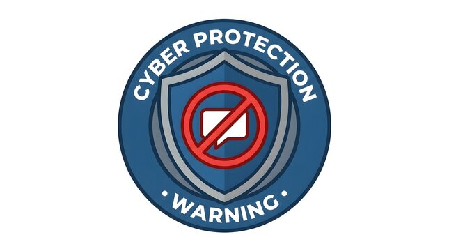 Cyber protection warning logo featuring a blue shield and red prohibition sign on white background.