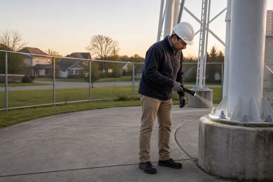 Water Tower Inspection - Inspector Lighting Elevated Tank Anchor Bolts Near Homes