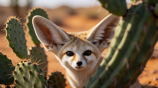 Fennec fox lying among cacti in the desert, looking curiously at the camera