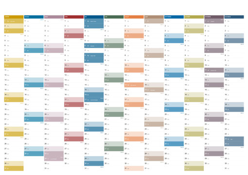 Calendar for the year 2027 with French holidays in French language. Differently colored months. Wallplanner, span-a-year calendar