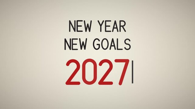 Typewriter types New Year New Goals and red 2027 letter by letter with a blinking cursor on a cream paper background