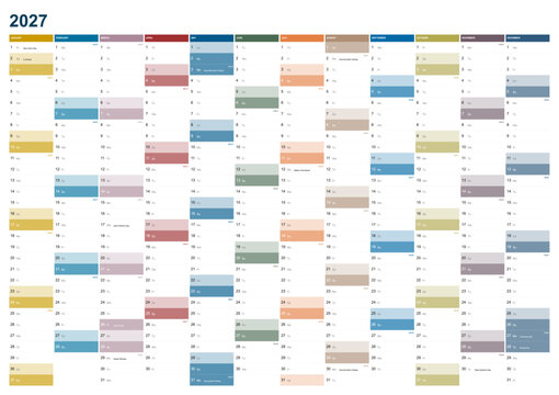 Calendar for the year 2027 with British holidays in English language. Differently colored months. Wallplanner, span-a-year calendar