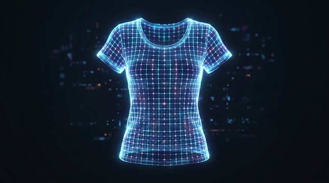 Futuristic wireframe t-shirt with glowing purple grid pattern on dark space background