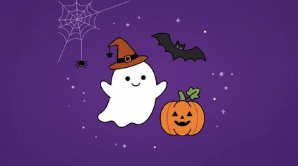 Fototapeta premium Halloween icon set ghost, pumpkin, hat, bat, and spiderweb illustration. Halloween decoration.