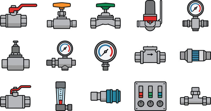 Industrial plumbing icons, 15 vector pipe valves and pressure gauges, water system engineering components, technical gas and liquid flow control tools.