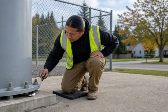 Water Tower Inspection - Inspector Checking Beneath Elevated Tank Anchor Plate