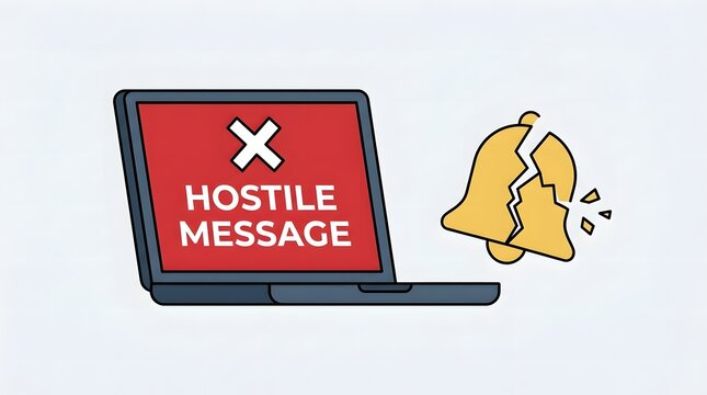 Laptop screen displaying hostile message with broken notification bell representing cyberbullying