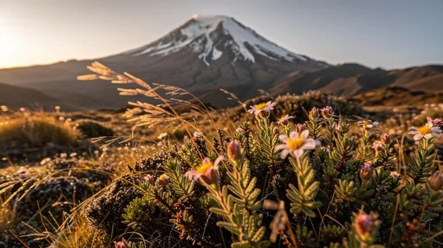 Majestic cotopaxi volcano view with wildflowers at golden hour