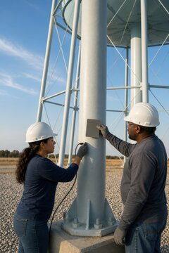 Water Tower Inspection - Inspectors Taking Elevated Tank Coating Reading in Sunlight