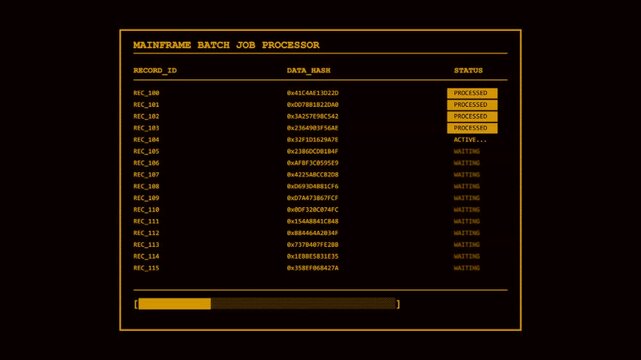 Retro mainframe batch job processor screen animation