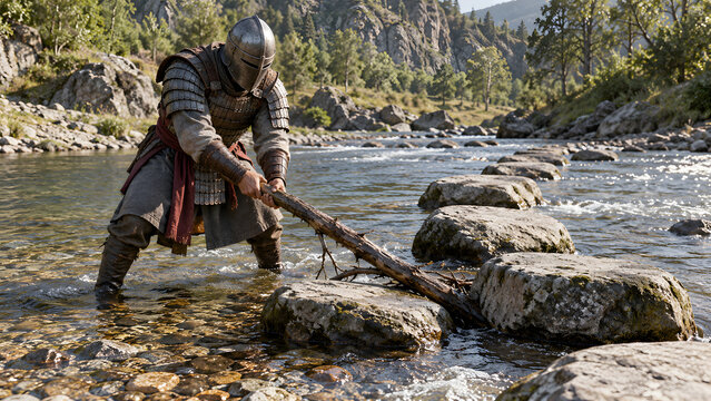 Armored Knight Probing a Shallow Stream with a Wooden Pole