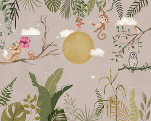 Cute safari animals with golden sun in jungle, monkey squirrel owl tropical wallpaper © Mondal Creation