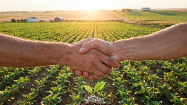 Farmers shaking hands over a young plant with a gear in a field at sunset