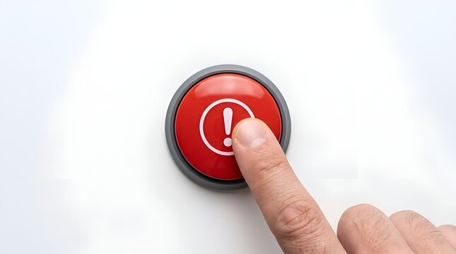 Person pressing red emergency alert button with exclamation mark warning icon on white background