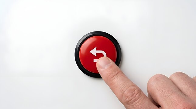 Close up of a finger pressing a red emergency button with a white back arrow icon on a clean white background