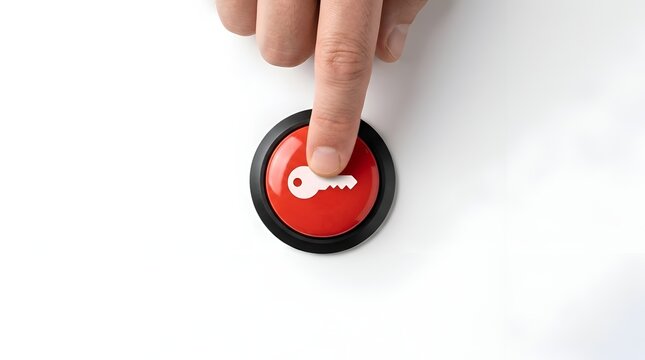 Finger pressing a red button with a key symbol for security login and personal access on a white background representing safety and digital privacy