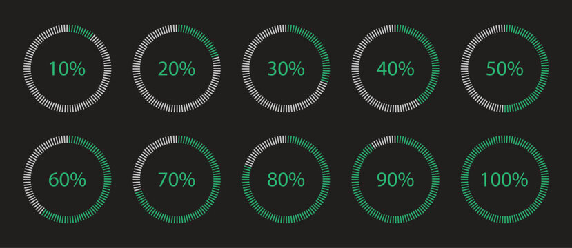 Set of circle percentage diagrams meters from 10 to 100 ready-to-use for web design. Download display. Vector illustration. 
