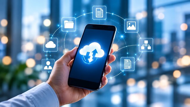 Businessman holding a smartphone with cloud computing and data storage icons in a network circle on a blurred modern office background, symbolizing digital transformation and connectivity.