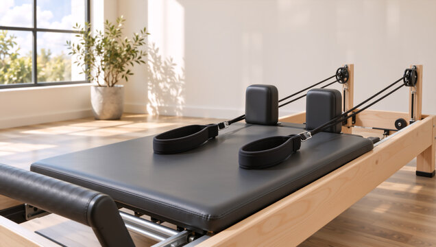 Pilates reformer machine in a bright minimalist studio. Wooden fitness equipment with black straps and padding