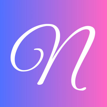 Elegant cursive letter N rendered in clean white typography against a vibrant gradient background featuring smooth blue and pink transitions
