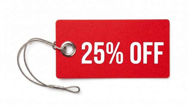 Red discount price tag with white text &ldquo;25% OFF&rdquo; and metal string