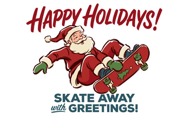 Festive Santa Claus skateboarding illustration with holiday greetings for seasonal apparel and card design © Hammam