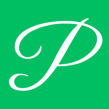Elegant cursive letter p displayed in bold white font against a vibrant solid green background perfect for modern graphic design
