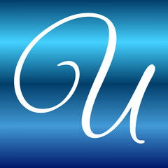 Elegant cursive letter u rendered in bright white against a smooth glowing blue gradient background with sophisticated artistic script style © Harsh