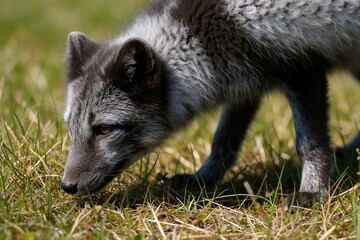 Fototapeta premium Arctic fox walks on green grass in Norway summer. Small wild mammal grey, white fur. Cute vulpes lagopus animal explores nature meadow during warm season. Wildlife predator hunts for food in tundra