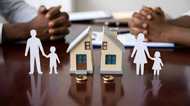 Symbolic representation of a family experiencing divorce and separation, with a split house and separated figures, signifying legal proceedings for marital dissolution and asset division