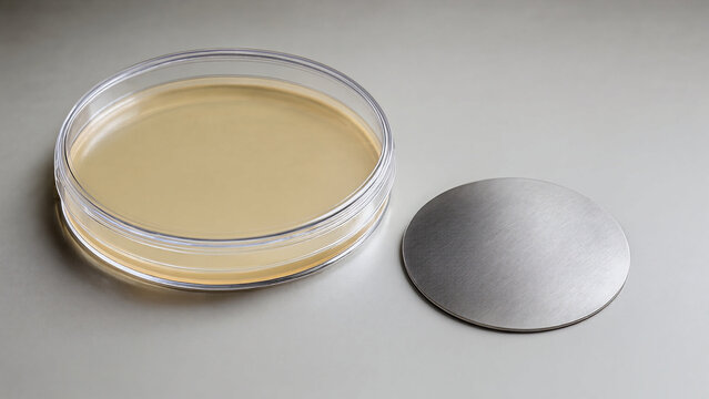 Covered agar contact plate beside a stainless test coupon