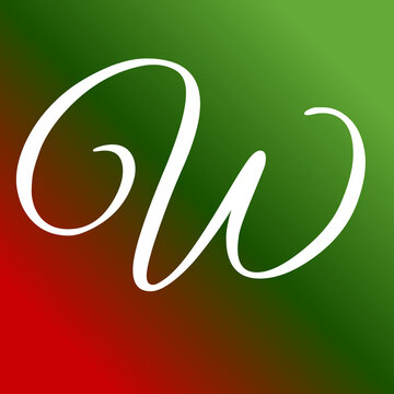 Elegant cursive letter W written in bright white ink against a vibrant gradient background featuring deep red and forest green