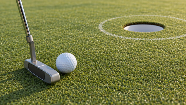 Close up of a golf putter and ball on a green. White golf ball next to the hole on a putting green. Sports and recreation concept