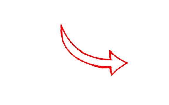 Red outline hollow curved arrow pointing right, hand drawn open arrow sketch with thin brush line, red ink vector isolated on white background for infographic, presentation, banner and web design