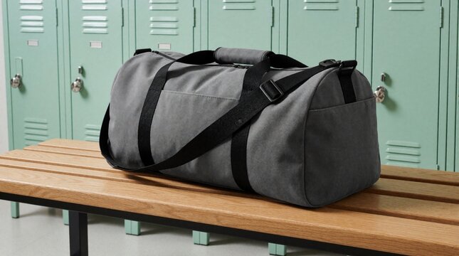 Gray duffel bag sits on wooden bench in gym school locker room. Empty fabric gym bag mockup with black straps placed in front of mint green metal lockers. Blank space for product design brand text.