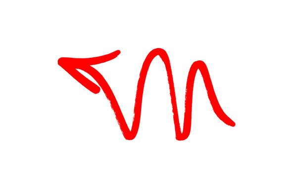 Red curved semicircle arrow hand drawn with thin brush line and arrowhead pointing down left, round sketch, red ink vector isolated on white background and business concepts and creative projects